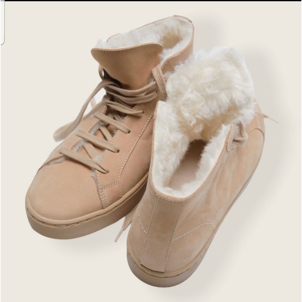 ZARA FAUX FUR HIGH TOP SNEAKERS SUEDE BEIGE Size EU37/US 6.5 Women NWT